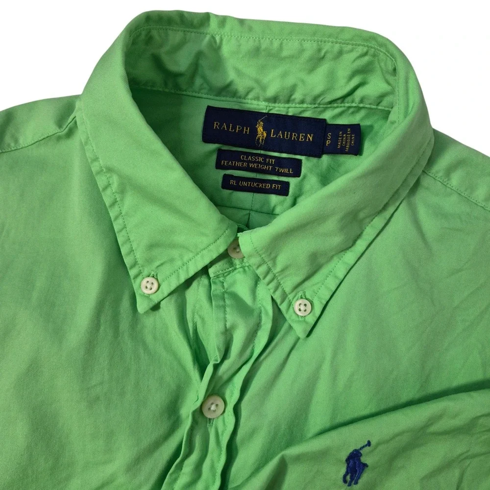 Ralph Lauren Button Down Shirt Mens Small Green Featherweight Twill Untucked Fit